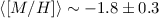 Mathematical equation: $\langle[M/H]\rangle \sim -1.8 \pm 0.3$