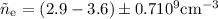 Mathematical equation: $\tilde n_{\rm e} = (2.9 - 3.6) \pm 0.7 10^{9} \rm cm^{-3}$