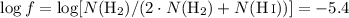 Mathematical equation: $\log f=\log [N({\rm H}_2)/(2\cdot N({\rm H}_2)+N(\rm{\ion{H}{i}}))]=-5.4$
