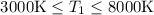 Mathematical equation: $3000 \mathrm{K}\le T_1\le 8000 \mathrm{K}$