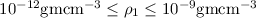 Mathematical equation: $10^{-12} {\rm gm} {\rm cm}^{-3}\le\rho_1\le 10^{-9} {\rm gm} {\rm cm}^{-3}$