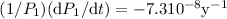 Mathematical equation: $(1/P_1) ({\rm d}P_1/{\rm d}t)=-7.3 10^{-8} {\rm y}^{-1}$