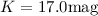 Mathematical equation: $K=17.0 \rm{mag}$