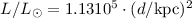 Mathematical equation: $L/L_{\odot} = 1.13 10^{5} \cdot (d/{\rm kpc})^{2}$