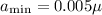 Mathematical equation: $a_{\rm min}=0.005 \mu$