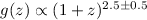 Mathematical equation: $g(z)\propto (1+z)^{2.5\pm 0.5}$
