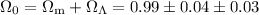 Mathematical equation: $\Omega_{\rm 0} = \Omega_{\rm m}+ \Omega_{\rm\Lambda}= 0.99\pm 0.04 \pm 0.03$