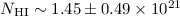 Mathematical equation: $N_{\rm HI}\sim 1.45 \pm 0.49 \times10^{21}$