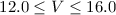 Mathematical equation: $12.0\leq V\leq 16.0$