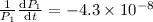 Mathematical equation: $\frac{1}{P_1}\frac{{\rm d}P_1}{{\rm d}t} = -4.3\times 10^{-8}$
