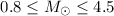Mathematical equation: $0.8 \leq M_{\odot} \leq 4.5$