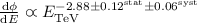Mathematical equation: $\frac{\mathrm{d}\phi}{\mathrm{d}E}\varpropto E_{\mathrm{TeV}}^{-2.88\pm0.12^\mathrm{stat}\pm0.06^\mathrm{syst}}$