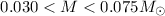 Mathematical equation: $0.030< M< 0.075 M_{\odot}$