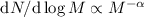 Mathematical equation: ${\rm d}N/{\rm d}\log M\propto M^{-\alpha}$