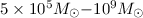 Mathematical equation: $5\times 10^5 M_{\odot}{-} 10^9 M_{\odot}$