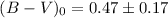 Mathematical equation: $(B-V)_0= 0.47\pm0.17$