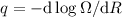 Mathematical equation: $q=-{\rm d}\log\Omega/{\rm d}R$