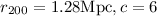 Mathematical equation: $r_{200} = 1.28 {\rm Mpc}, c = 6$