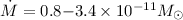 Mathematical equation: $\dot{M}=0.8 {-} 3.4 \times 10^{-11} M_{\odot}$
