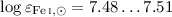 Mathematical equation: $\log\varepsilon_{\rm {\ion{Fe}{i},\odot}} = 7.48 \ldots 7.51$