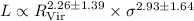 Mathematical equation: $L\propto R_{\rm Vir}^{2.26\pm 1.39}\times \sigma ^{2.93\pm 1.64}$