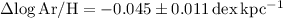 Mathematical equation: $\Delta \rm log \, Ar/H = -0.045\pm 0.011 \, dex \,kpc^{-1}$