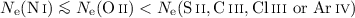 Mathematical equation: $N_\mathrm{e}(\ion{N}{i}) \la N_\mathrm{e}(\ion{O}{ii}) < N_\mathrm{e}(\ion{S}{ii}, \ion{C}{iii}, \ion{Cl}{iii} ~\mathrm{or}~ \ion{Ar}{iv})$