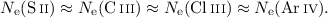 Mathematical equation: $N_\mathrm{e}(\ion{S}{ii}) \approx N_\mathrm{e}(\ion{C}{iii}) \approx N_\mathrm{e}(\ion{Cl}{iii}) \approx N_\mathrm{e}(\ion{Ar}{iv}).$