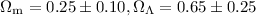 Mathematical equation: $\Omega_{{\rm m}}= 0.25\pm0.10, \Omega_\Lambda=0.65\pm0.25 $