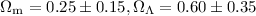 Mathematical equation: $\Omega_{{\rm m}}= 0.25\pm0.15, \Omega_\Lambda=0.60\pm0.35 $