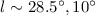 Mathematical equation: $l\sim 28.5^{\circ}, 10^{\circ}$