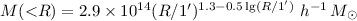 Mathematical equation: ${M}({<}R)=2.9\times 10^{14}(R/1')^{1.3-0.5\lg (R/1')}~h^{-1}\,{M}_{\odot}$