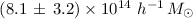 Mathematical equation: $(8.1\,\pm\, 3.2)\times 10^{14}~h^{-1}\,{M}_{\odot}$