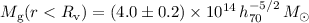 Mathematical equation: $M_{\rm g}(r<R_{\rm v})= (4.0\pm 0.2)\times 10^{14}\, h_{70}^{-5/2}\,{M}_\odot$