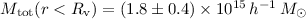 Mathematical equation: $M_{\rm tot}(r<R_{\rm v})=(1.8 \pm 0.4)\times 10^{15}\, h^{-1}\,{M}_\odot$