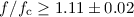 Mathematical equation: $ f / f_{{\rm c}} \geq 1.11 \pm 0.02$
