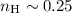 Mathematical equation: $n_{\rm H} \sim 0.25$