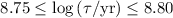 Mathematical equation: $8.75 \leq \log\,(\tau/{\rm yr}) \leq 8.80$