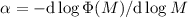 Mathematical equation: $ \alpha = -{\rm d}\log\Phi(M)/{\rm d}\log M$