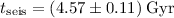Mathematical equation: $t_{\rm seis} = (4.57 \pm 0.11) \; {\rm Gyr}$