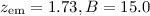 Mathematical equation: $z_{\rm em} =1.73, B = 15.0$