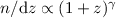 Mathematical equation: $n/{\rm d}z \propto (1+z)^\gamma$