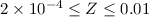 Mathematical equation: $2 \times 10^{-4} \leq Z \leq 0.01$