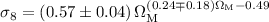 Mathematical equation: $\sigma_8=\left(0.57\pm0.04\right) \Omega_{\rm M}^{\left(0.24\mp 0.18\right) \Omega_{\rm M}-0.49}$