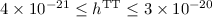 Mathematical equation: $ 4 \times 10^{-21} \le h^{\rm TT} \le 3 \times 10^{-20} $