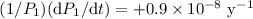 Mathematical equation: $(1/P_1)({\rm d}P_1/{\rm d}t)=+0.9\times 10^{-8}~{\rm y}^{-1}$