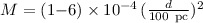 Mathematical equation: $M=(1{-}6)\times10^{-4}\, \large({d\over100~{\rm pc}}\large)^2$