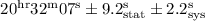 Mathematical equation: $20^{\rm hr} 32^{\rm m} 07^{\rm s}\pm 9.2^{\rm s}_{\rm stat} \pm2.2^{\rm s}_{\rm sys}$