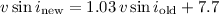 Mathematical equation: ${v\sin i}_{\rm new} = 1.03\,{v\sin i}_{\rm old}+7.7$