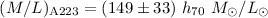Mathematical equation: $(M/L)_{{\rm A223}} = (149 \pm 33)~h_{70}~M_{\odot}/L_{\odot}$